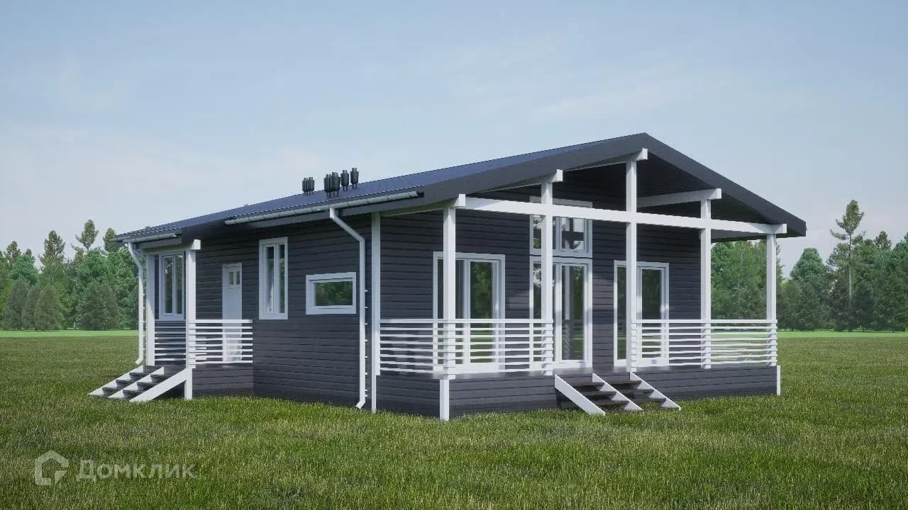 Проект ПСД-25, 99 м² — одноэтажный каркасный дом площадью 99 м². планировкой предусмотрены 3 спальни, 1 санузел и кухня-гостиная. есть веранда для отдыха у дома. проект подойдёт тем, кто ценит отдельные комнаты и пространство для совместного времени., Марий Эл, Чувашия, Киров и Н. Новгород